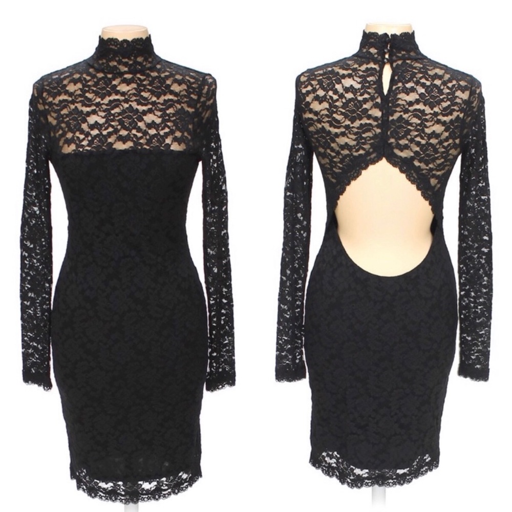 OPEN BACK LACE FIGURE HUGGING SHEER DRESS - Picture 1 of 10